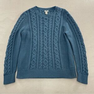 LL Bean Sweater Women's MP Medium Petite Blue Cable Knit 3D Cottagecore Pullover